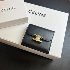 Celine Triomphe Black Leather Trifold Wallet Gold Buckle Compact Card Holder picture