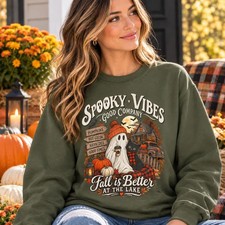 Spooky Vibes Lake Sweatshirt Vintage Ghost Black Cat Fall Sweater Autumn picture