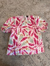 Ann Taylor Factory Top Size S Pink Green Floral Puff Sleeve Blouse Keyhole picture