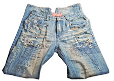 Rare Mens Vintage Crazy Race Pierced Studded Paneled Whiskered Jeans 32x 32 Y2K picture