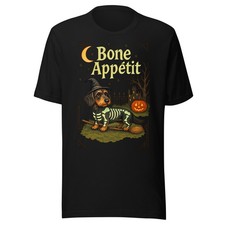 Halloween Dog T-Shirt Wire-Haired Dachshund Bone Appétit Witch Skeleton Tee picture