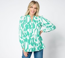 Bless My Sole Women's Top Sz L Geo Goddess Blouse Green A648163 picture