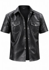 Men's Genuine Sheepskin Leather Shirt Short Sleeve Button Up Western Casual Top picture