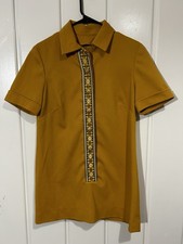Vintage 70s Mustard Yellow Mod Polo Shirt Geometric Trim Disco Womens S picture