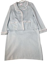 3pc St John Light Blue Lady Jacket Skirt Knit Suit Tank Top Fringed Size 14 READ picture