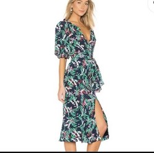 $696 SALONI Olivia Midnight Fern 100% silk midi ruffle  V-neck Wrap Dress US 2 picture