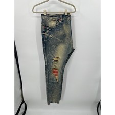 Makobi M1990 Dirt Wash Distressed Jeans Mens 50x34 Blue Streetwear Red Underlay picture
