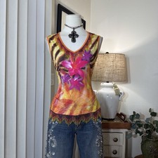 Y2K Vintage Cache Zebra Animal Print Flower Accent Beaded Trim Sleeveless Top picture