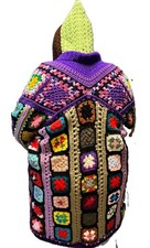Handmade Granny Square Crochet Cardigan Boho Hippie Duster Coat Black Rainbow picture