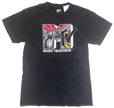 MTV Music Television Classic Motorcycle Logo Men's Black Acid Wash T-Shirt New picture