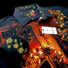 Robert Graham Embroidered Christmas Fireplace Cocktails Geometric Shirt XL $299 picture