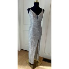 Amore Bella Gown Womens Size M Silver Sequin V-Neck Maxi Side Slit picture
