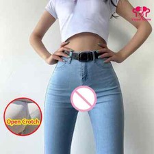 Woman Open Crotch Jeans Invisible Three Zipper Pants Outdoor Couple Costume picture