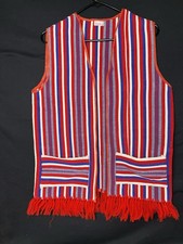 Vintage 1970s Red, White & Blue Striped Long Open Vest w/ Pockets + Fringe Sz Lg picture