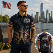 We Will Never Forget 9/11 25th Anniversary Polo Shirt, Patriotic Memorial picture