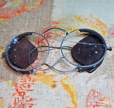Wilson Vintage Steampunk Round Wire Rim Eyeglasses Silver Metal Leather Shields picture