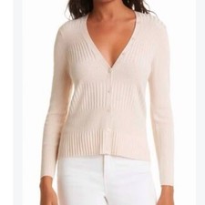 LAGENCE Womens Ribbed Knit V-Neck Cardigan Sz M Cream Blush Designer Preppy Chic picture