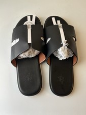 Hermès Izmir Men's Black Leather Slide Sandals Slip-On Logo Straps EU 43 picture