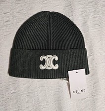 CELINE Men’s Gray Wool Knit Beanie Logo Patch, Stretch, One Size picture