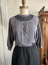 Vintage 70s-80s Blue Lace Trim Blouse Victorian Style High Neck Prairie Boho S picture