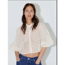 Zara Womens L Semi Sheer Organza Yellow White Daisy Embroidery Cropped Balloon picture