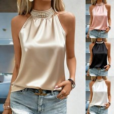 Women Satin Halter Top Sleeveless Backless Party Blouse Sexy Summer Tank picture