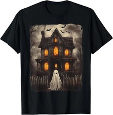 Retro Haunted House Ghost Halloween T-Shirt - Spooky Costume Style picture