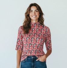 Eva Franco Women's M Plsse Pleated Top Semi-Sheer Mockneck Pink Floral EUC picture