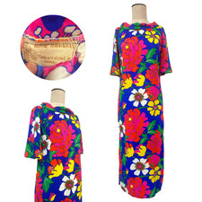 Vintage 1960s Royal Hawaiian Dayglo Barkcloth Blue Red & Pink Floral Dress picture