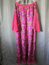 Vtg 70s Handmade Psychedelic Bold Pink Flared Velvet Sleeve Maxi Kaftan Sz XL picture