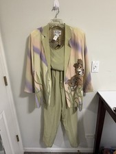 NWT Vintage Carol Patterson 100% Silk 3pc Pant Suit Lion Tiger Art to Wear M picture