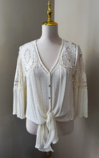 Love Stitch White Lace Crochet V-Neck Button Front Tie Hem Blouse Size S picture