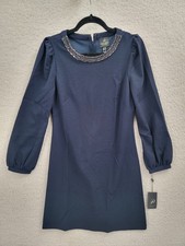 NWT Adrianna Papell Kaylie Embellished Shift Dress Blue Navy Beaded Neck Size 8 picture