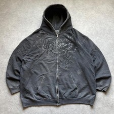 Vintage 2000s Y2K Grunge Graphic Gray Zip Up Hoodie Skater Streetwear Mens XL picture