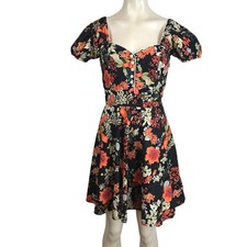 Trollied Dolly Black Floral Puff Sleeve Retro Fit Flare Dress Women Medium picture