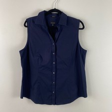 Talbots Wrinkle Resistant Button Shirt Size 16 Navy Blue Sleeveless Stretch picture