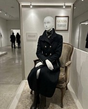 GUESS Women's Black Wool Long Coat Double Breasted Trench Gold Hardware Sz M picture