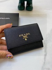 Prada Small Card Holder Wallet Black Saffiano Leather Mini Coin Purse Card Case picture