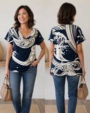 LEONARD PARIS Blue Wave Print Cowl Neck Top Blouse Size 44 Italy NWOT picture
