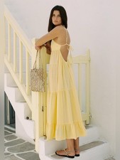 Zara NWT Romantic Resort Vacation Yellow Open Back Tie Up Tiered Maxi Dress (XL) picture