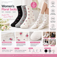 Women's Floral Crew Socks 3 Pairs Cute Rose Pattern 90% Cotton US Size 5-8 picture