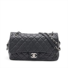Chanel Matelasse Caviar Skin Single Flap Double Chain Bag Black Silver Metal Fit picture