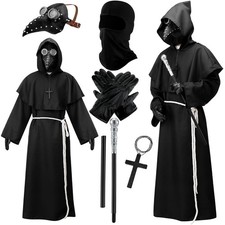 8 Pcs Plague Doctor Costume Set, Beak Mask Hooded Robe Black picture