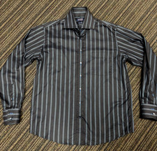 Artigiano Italian Cotton Dress Shirt Mens XL Black Blue Stripe Herringbone picture