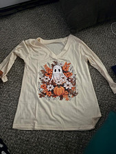 Beige Halloween Ghost and Pumpkin Graphic Long Sleeve Costume Shirt Unisex picture