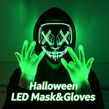 LED Neon Purge Mask Fiber Optic Gloves Scary Glow In Dark Halloween Cosplay Part picture