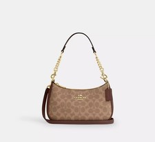 NWT COACH CV933 Teri Shoulder Bag In Signature Canvas Gold/Tan/Brown picture