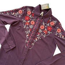 Roper Plum Floral Embroidered Western Snap Blouse Women's M Country NFR Rodeo picture