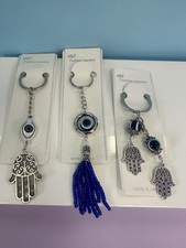 LOT 3  GOOD LUCK PROTECTION HAMSA HAND EVIL EYE BLUE ENAMEL BIG SILVER KEYCHAINS picture