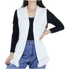 Vtg 60s Cardigan Sweater Vest Open Womens M Cream Rib Knit Minimal Boho Mod Chic picture